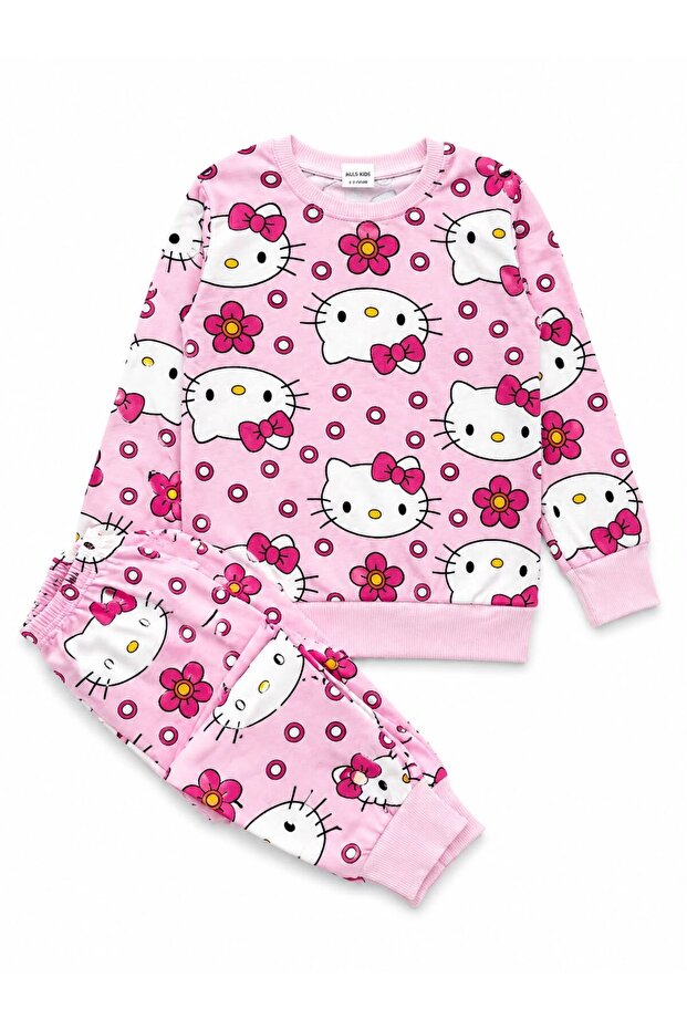 Girl's Cotton Pink Cute Character Patterned Long Sleeve Seasonal Pajama Set