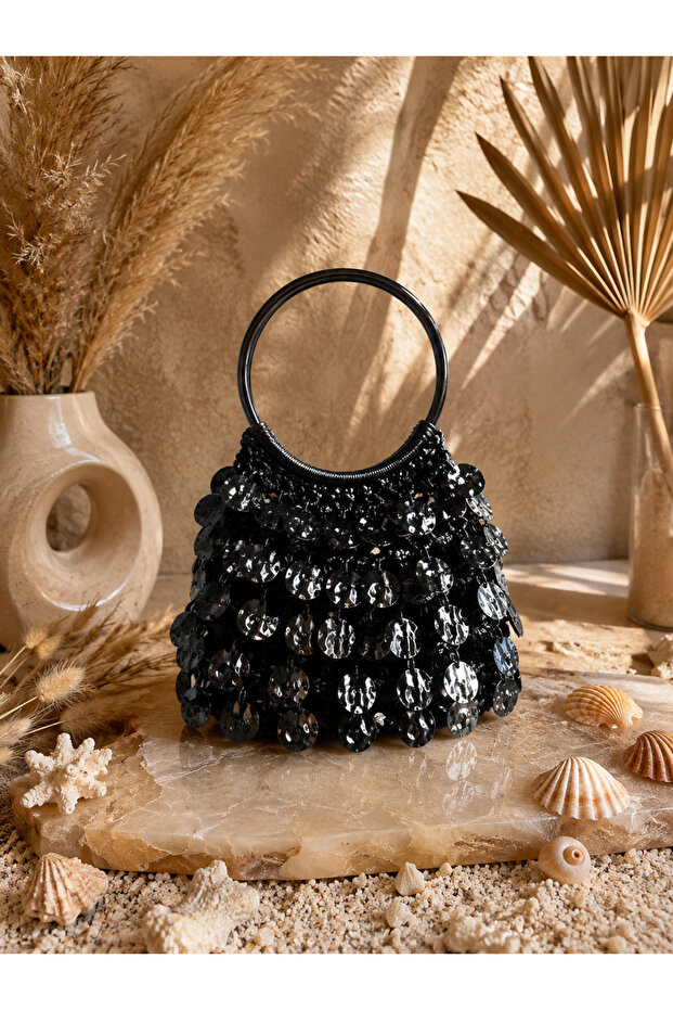 Handmade Design Mango Sequin Black Color Evening Dress Bag Women's Hand Bag - Metallic Sequined Mini Hand Bag with Gold Ring Handle