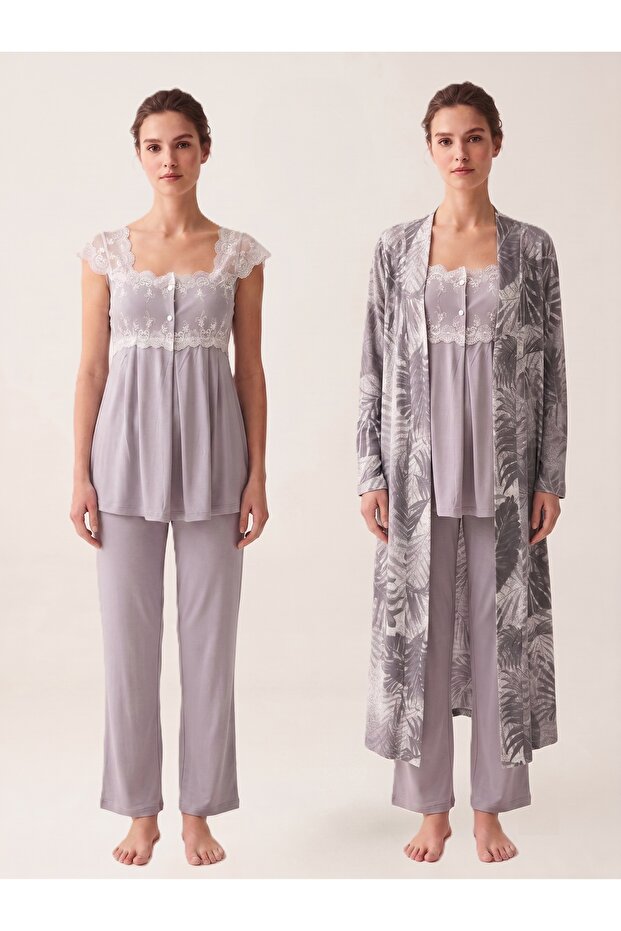 Patterned Robe and Maternity Nursing Pajama Set with Nursing Features Effortt