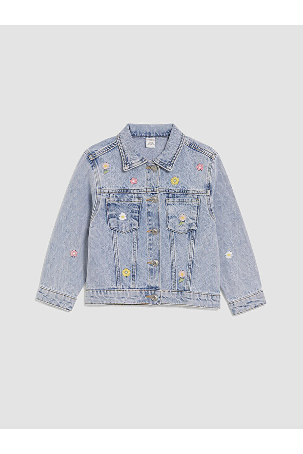 Blue Shirt Collar Embroidered Girls' Jean Jacket