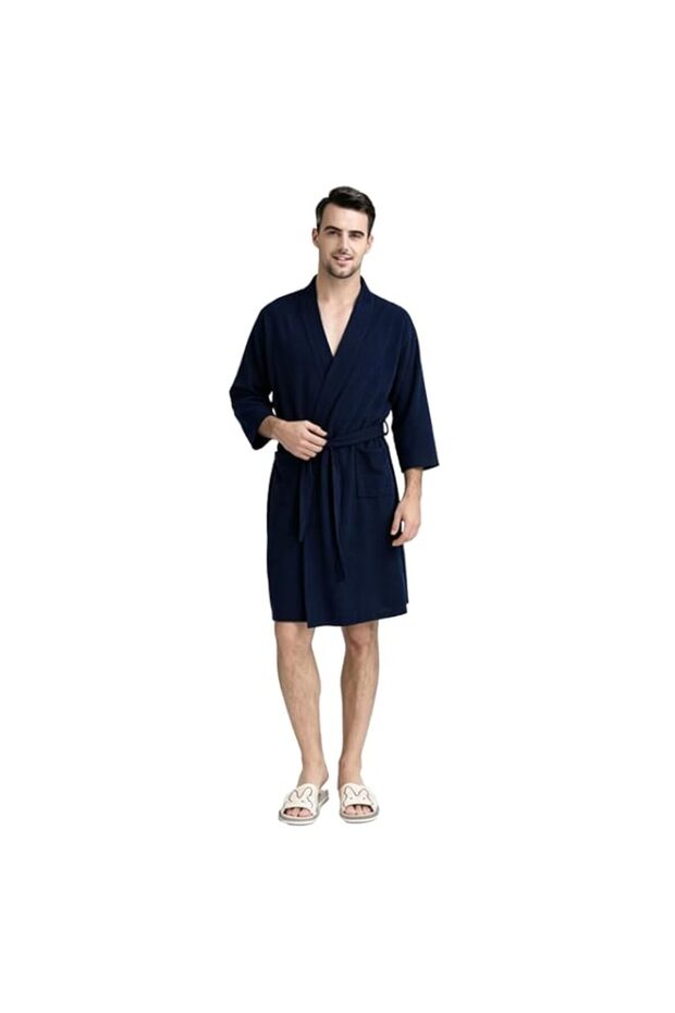 HALAMODO Men's Waffle Kimono Robe Lightweight Spa Bathrobe Pockets Turkish Hotel Nightgown