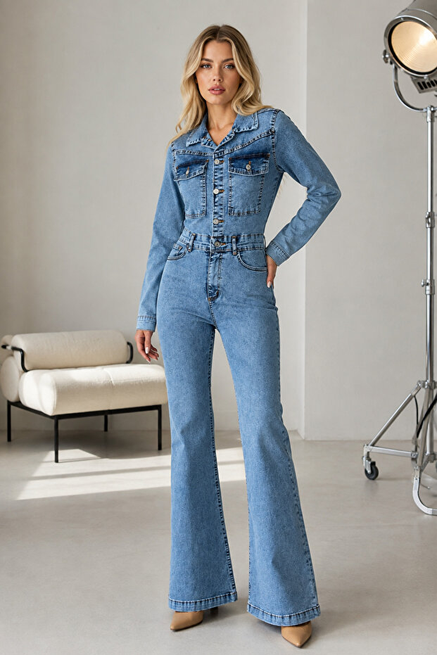 Women's Long Sleeve Ice Blue Buttoned Flare Spanish Leg Denim Jumpsuit