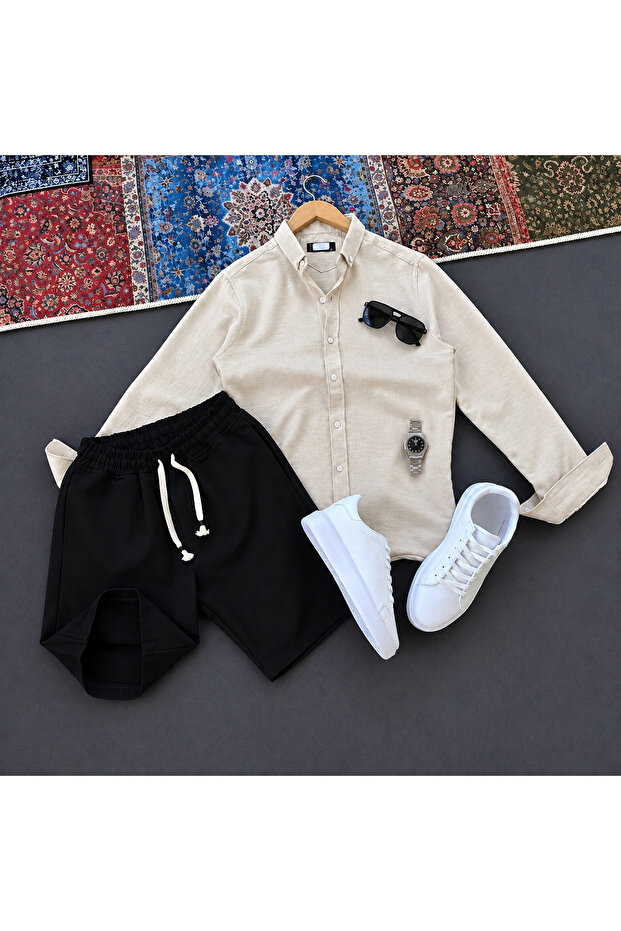 Crinkle Shirt + Raw Linen Shorts Set