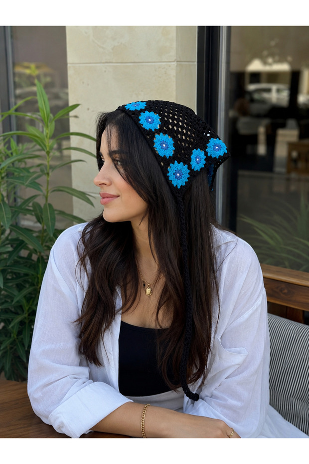 Women's Black Knitted Bandana Blue Floral Patterned Hair Band Bohemian Stylish Accessory