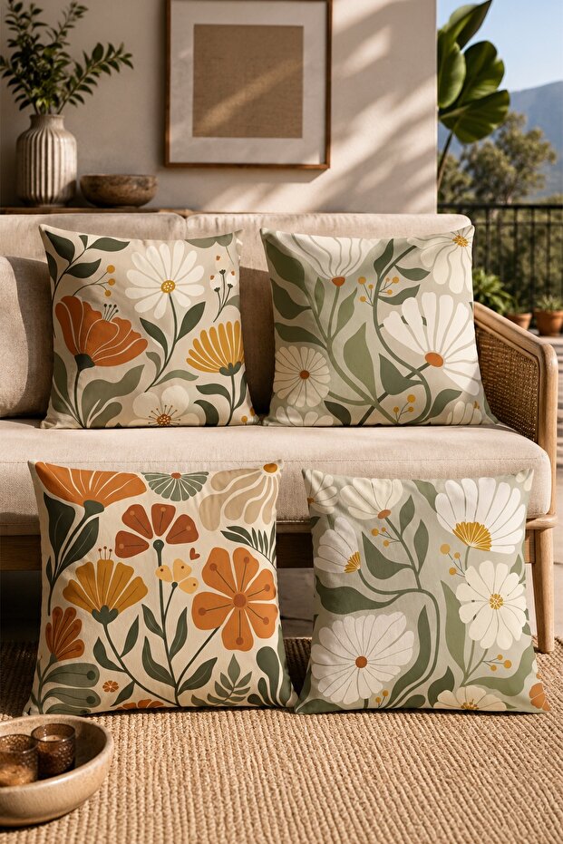 Colorful Flowers Patterned 4-Piece Throw Pillow Cover Set