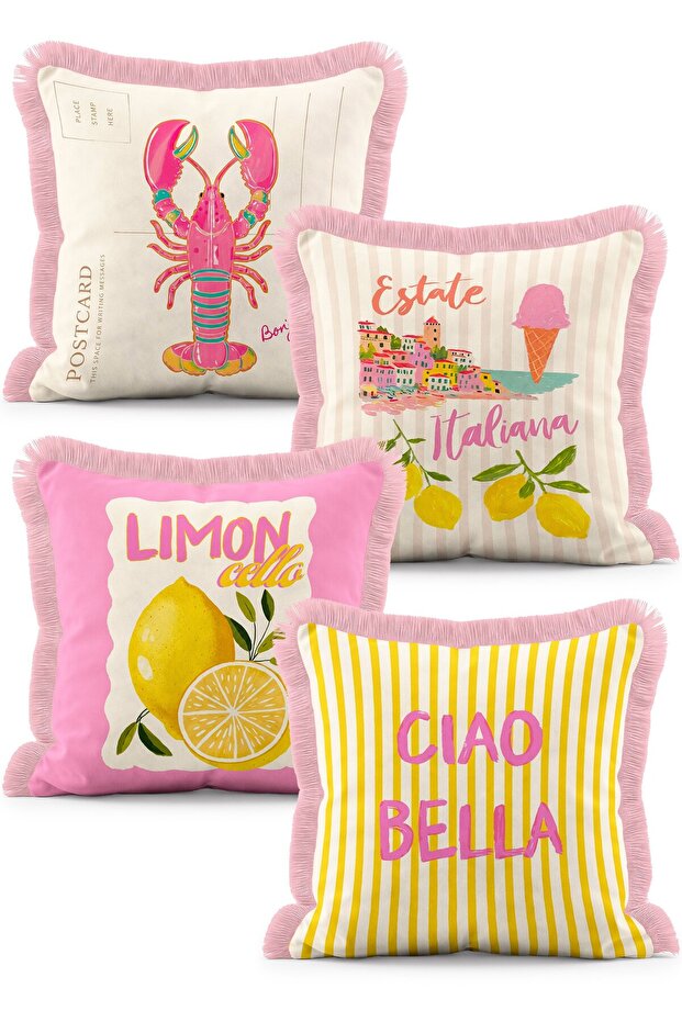 Italian Summer Themed Lobster and Lemon Patterned Ciao Bella Written 4-Piece Fringed Throw Pillow Cover Set