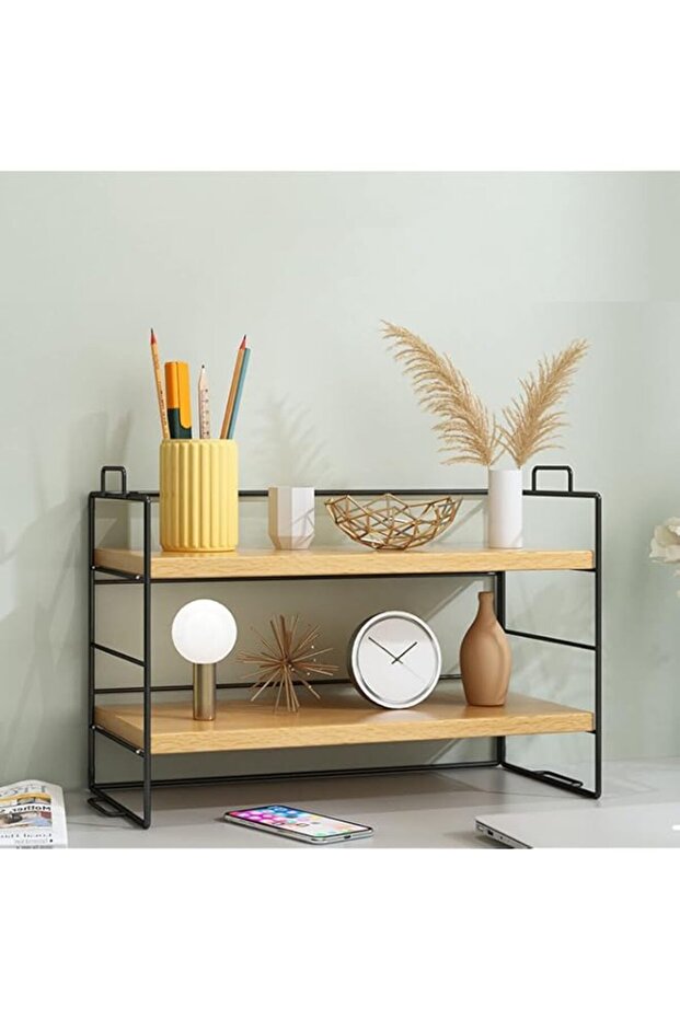 U-HOOME Double Layer Desktop Shelves Wood Desktop Organizer Shelf, Home Office Dormitory Desk Bookshelf Organizer Adjustable Desktop Display Shelf Rack (Beige)