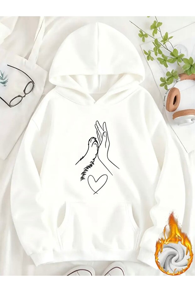 Paw Hand Heart Printed Oversized Unisex Women'S/Men's Hooded Sweatshirt