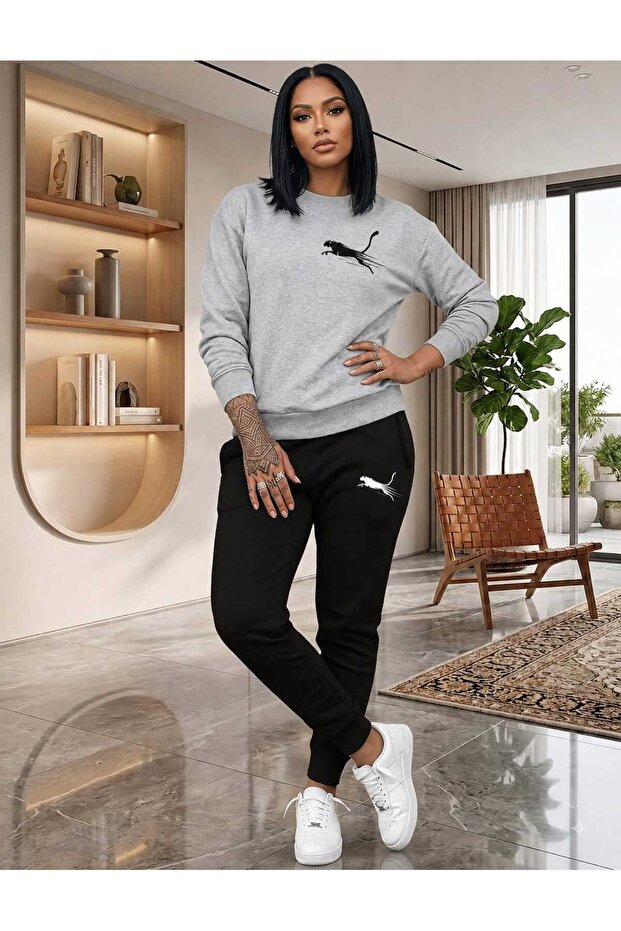 Zero Collar Sweat Suit 2-Piece Combination Winter Panther Printed Women'S/Men's Unisex Model