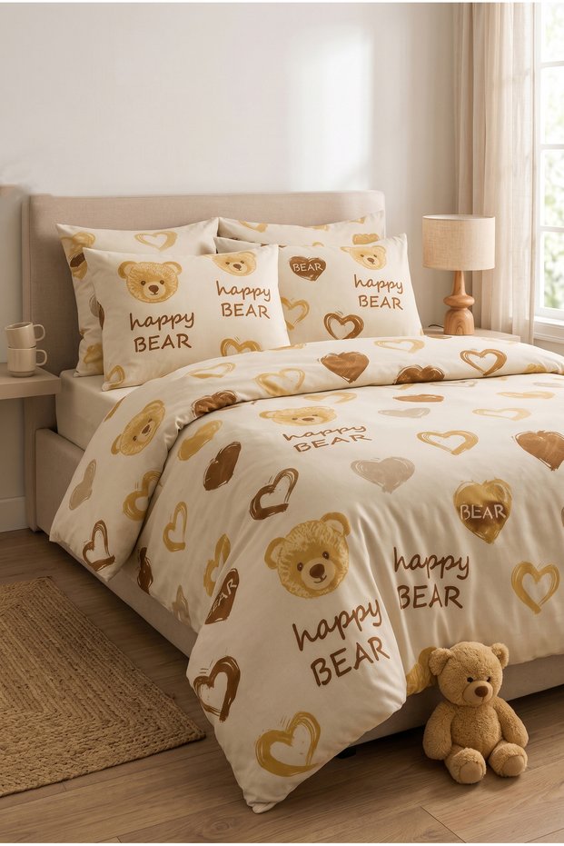 Teddy Bear and Heart Patterned Double Duvet Cover Set |   Cotton |   200X220 cm Duvet Cover, 2 Pieces of 50X70 cm Pillowcases and Fitted Sheet |   Cute and Durable