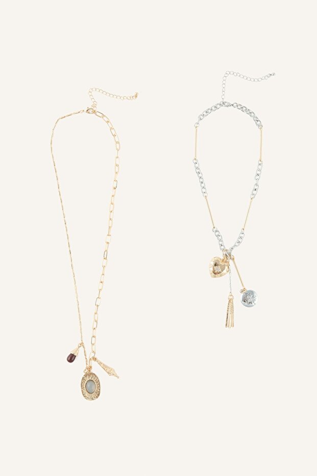 Women's Multi-Strand Mixed Chain 2-Piece Necklace I4291Axns