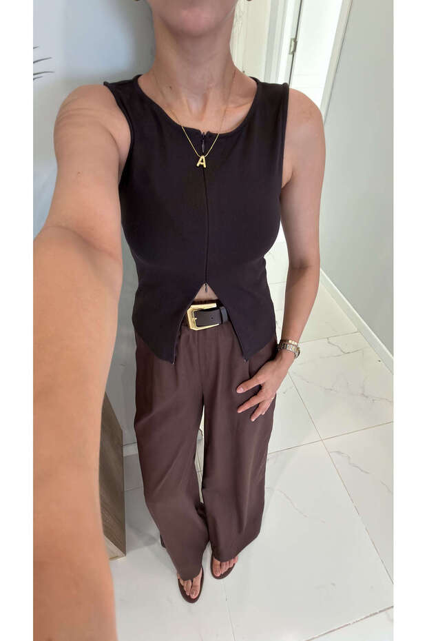 Dlvin Binna Dark Brown Zipper Detailed Blouse