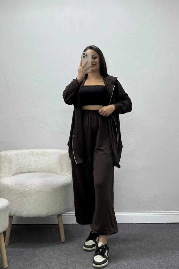 Women's Modal Hooded Zippered Oversize Two-Piece Set Light Brown