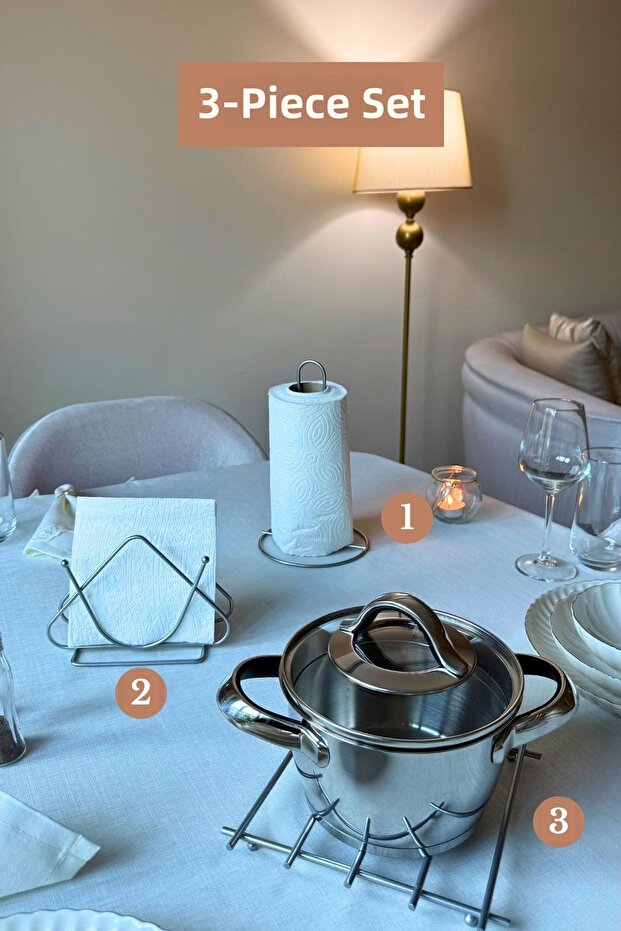 Set of 3 Matte Silver Triangle Napkin Holder Upright Paper Towel Holder Trivet Kitchen Set