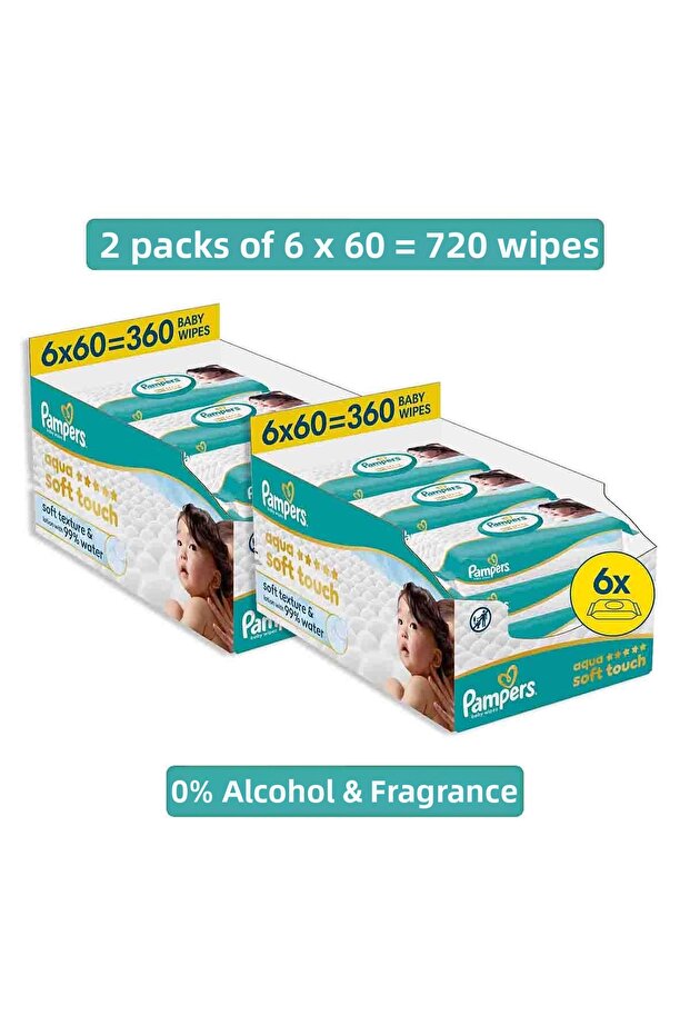 Pampers Aqua Soft Touch Baby Wet Towel 6 Pack 360 Sheets X2