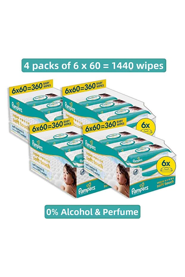 Aqua Soft Touch Baby Wet Towel 6 Pack 360 Sheets X4