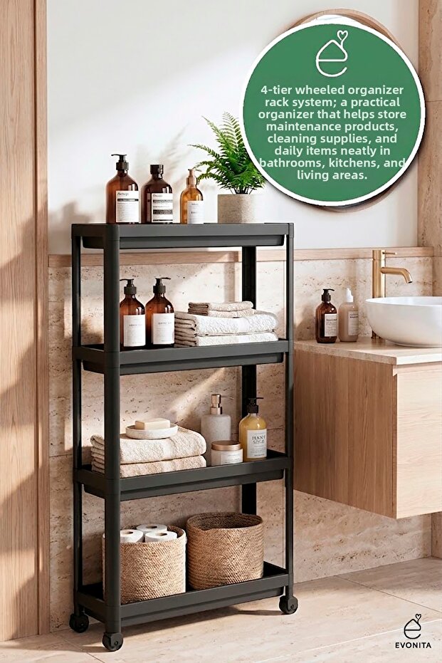4-Tier Rolling Bathroom Shelf Organizer Kitchen Organizer Multi-Purpose Serving Cart