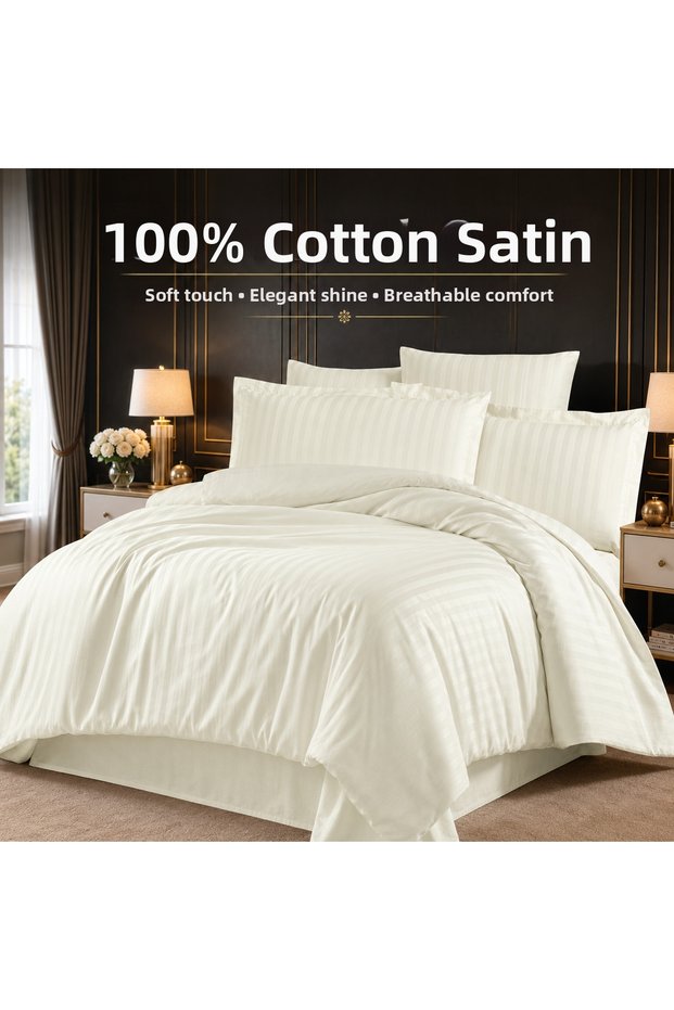100% Cotton Satin Striped Double Duvet Cover Set - Cream