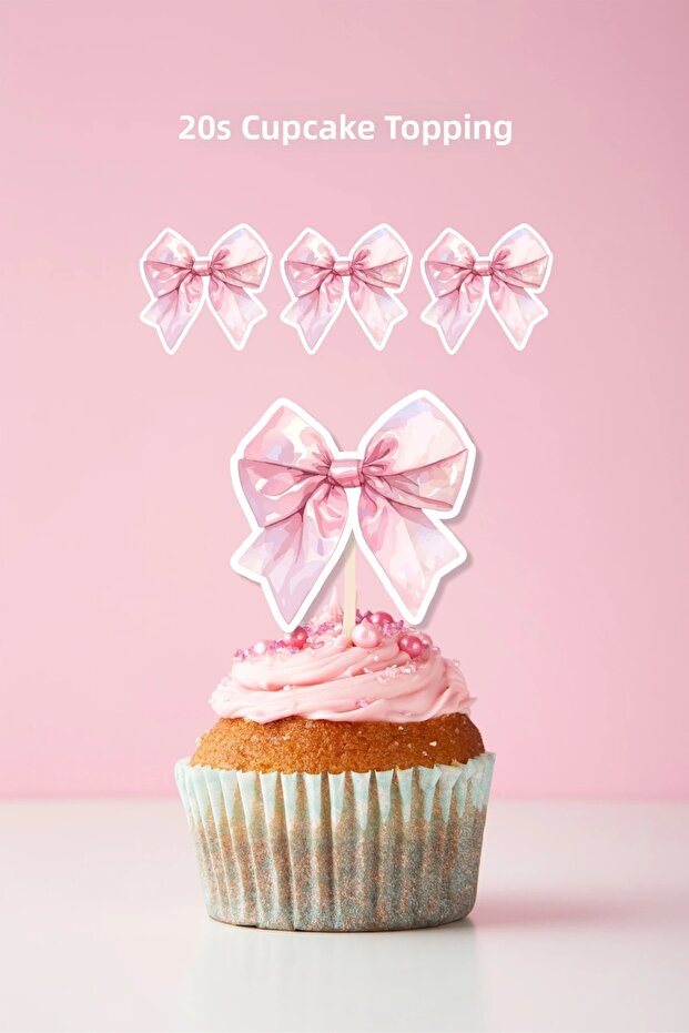 Pink Bow Themed Birthday Toothpick Cupcake Decoration 10Pcs