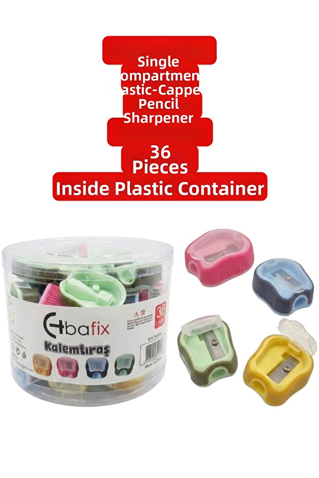 Single Compartment Plastic Pencil Sharpener with Plastic Cover, Pencil Sharpener in a Plastic Jar of 36 Pieces