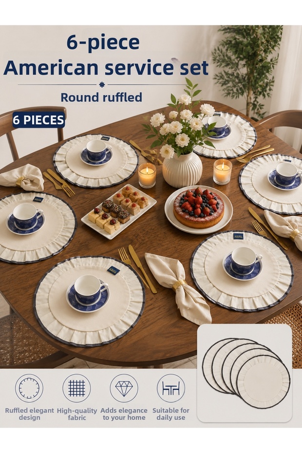 6-Piece Linen Stain-Resistant Duck Fabric White Ruffled American Service Set/Supla