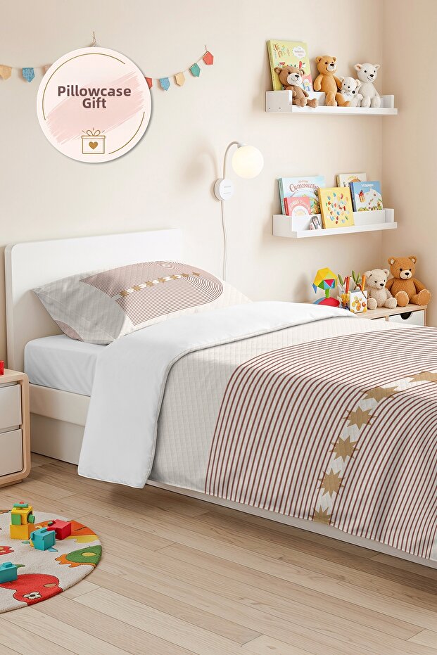 Geometric Tile Young Room Single Pique Set - Beige Striped 160X220 cm Quilted Bedspread