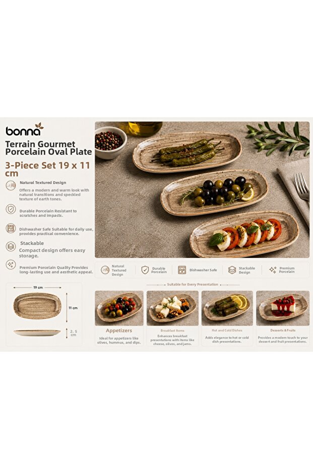 Bonna Terrain Gourmet Porcelain Oval Kayık Plate 19X11 cm - Rustic Serving Plate with Natural Texture, Breakfast and Presentation Plate