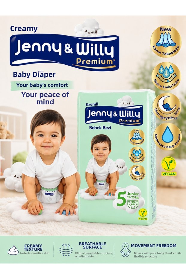 Premium Creamy Baby Diaper Size 5 Junior 12-25 kg 30 Pieces Super Absorbent and Leak-Proof