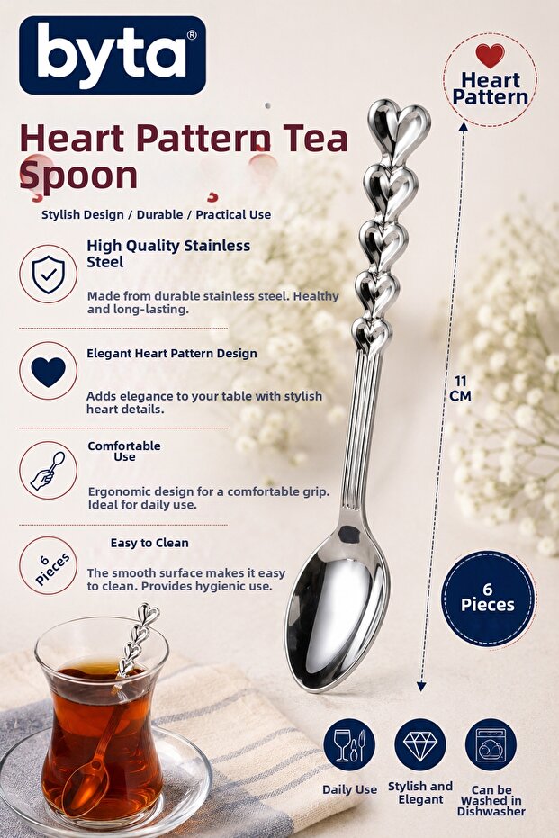 Set of 6 11 cm Heart Patterned Stainless Steel Teaspoon Coffee and Dessert Spoon