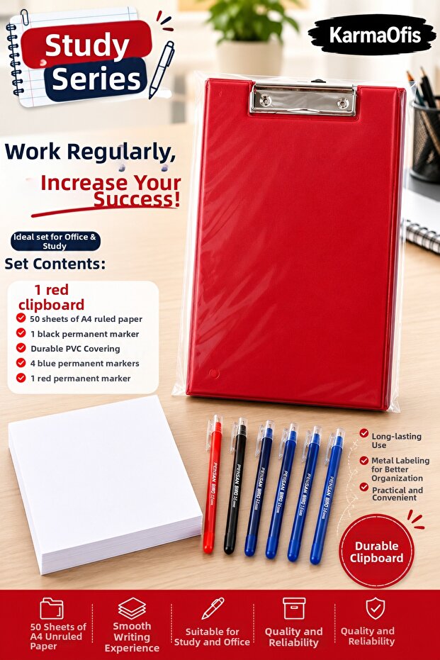 Work Series Red Secretarial Set | 50 Sheets of Unlined A4 Paper + 6 Ballpoint Pens | Color Options Available