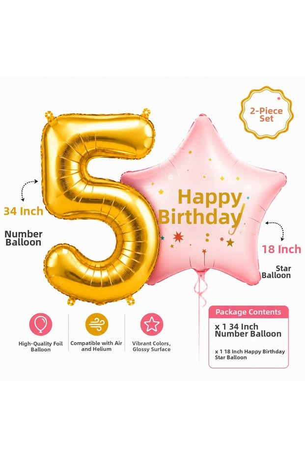 2-Piece Birthday Foil Balloon Set 34 Inch Gold Number Balloon and 18 Inch Pink Happy Birthday Star Foil Balloon