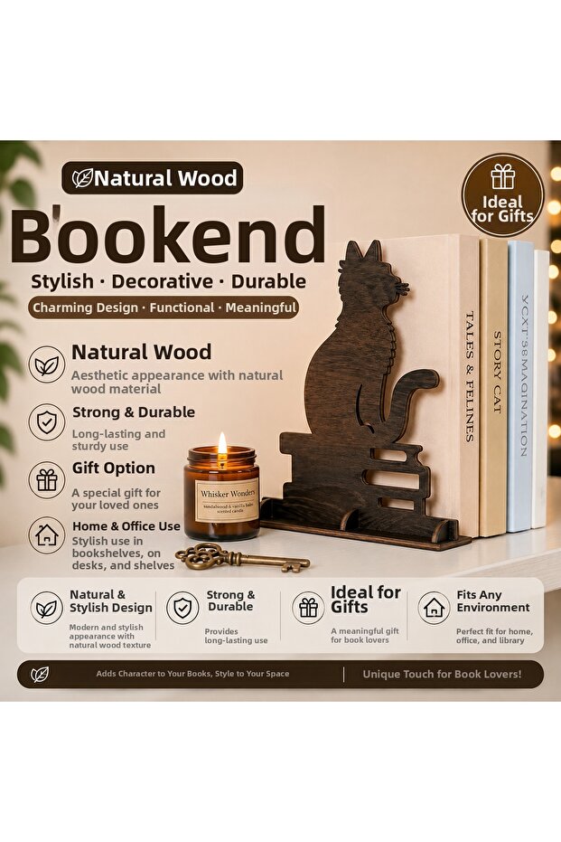 Natural Wooden Cat Figured Book Support Decorative Bookshelf Organizer Gift Item