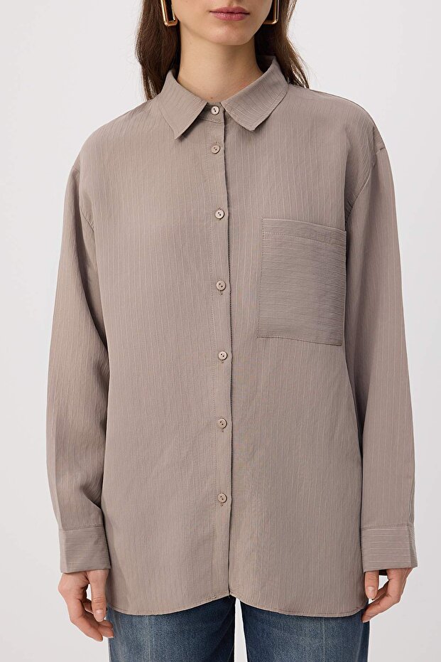 Haki Oversize Vual Çizgili Dokuma Alt&Üst Tesettür Gömlek TCTSS26TG00061 - 3