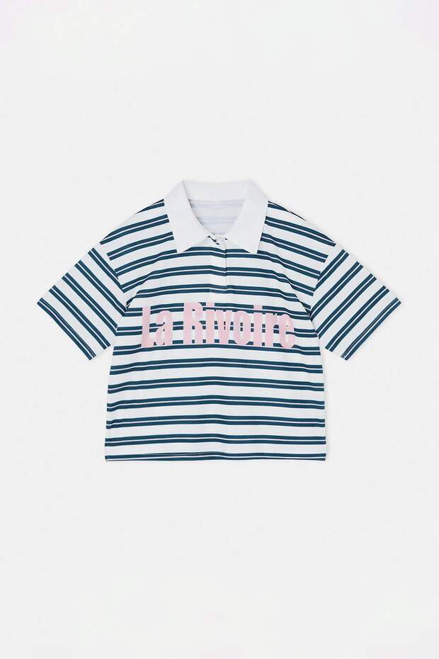 Ekru Mavi Çizgili Polo Yaka Baskılı T-Shirt TDRSS26TS00027 - 4