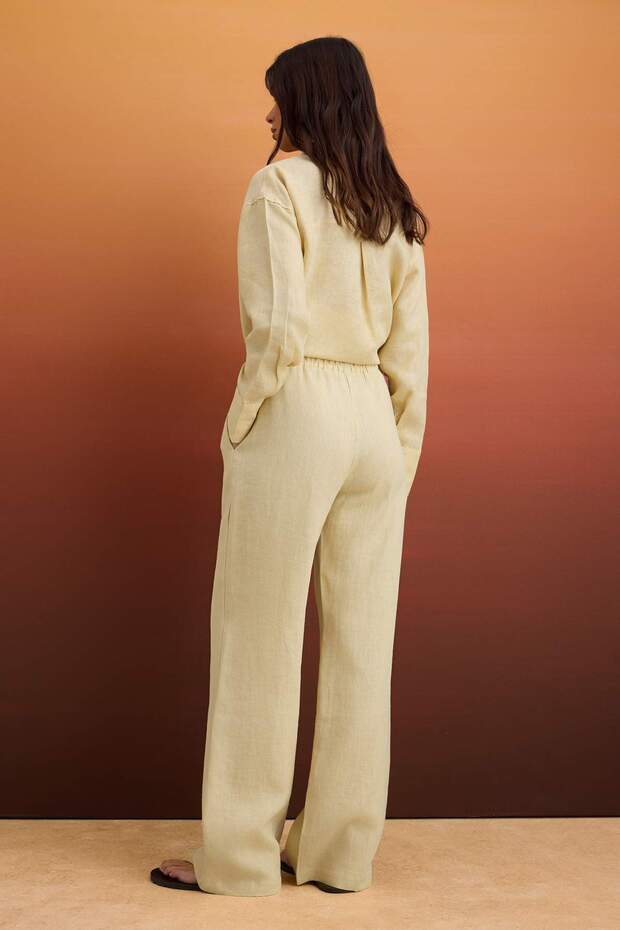 Bej %100 Keten Beli Lastikli Yüksek Bel Wide Leg Pantolon TWOSS26PL00041 - 4
