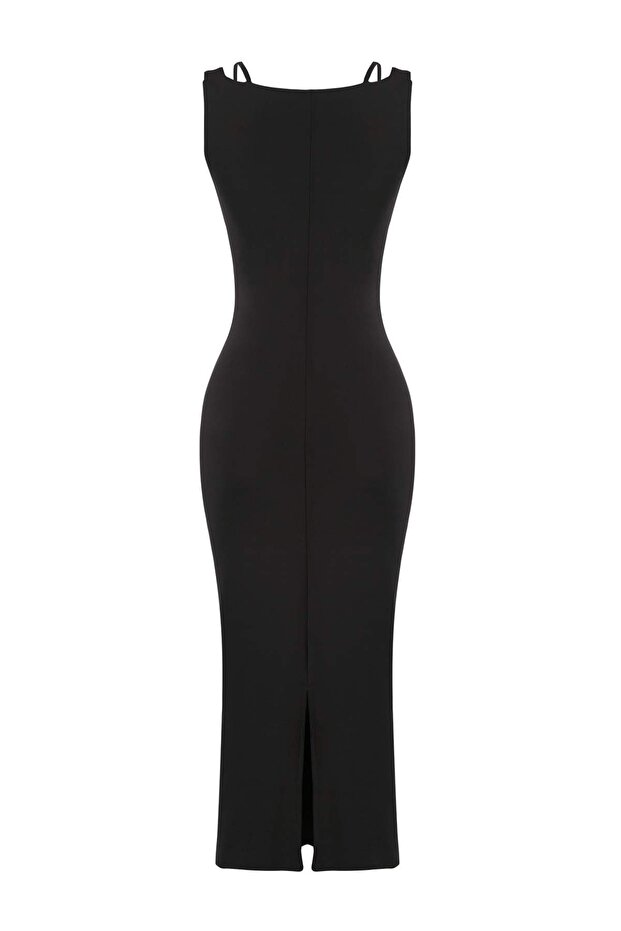Siyah Bodycon Kare Yaka Kolsuz Dantel Detaylı Maxi İnterlok Örme Elbise TWOSS26EL00870 - 6