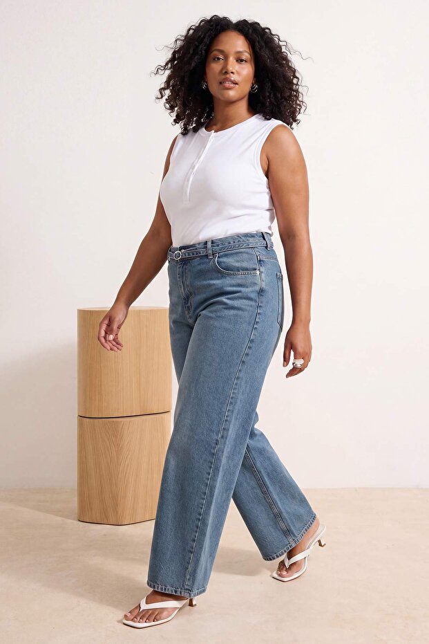 Mavi Kemerli Lastikli Yüksek Bel Geniş Paça Wide Leg %100 Pamuk Jeans TBBSS26CJ00053