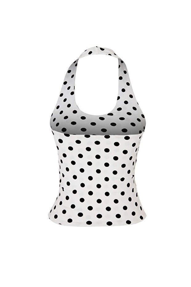 Ekru Puantiyeli Fitted/Vücuda Oturan Halter Yaka Kolsuz Crop/Kısa Esnek Örme Bluz TWOSS26BZ00929 - 6