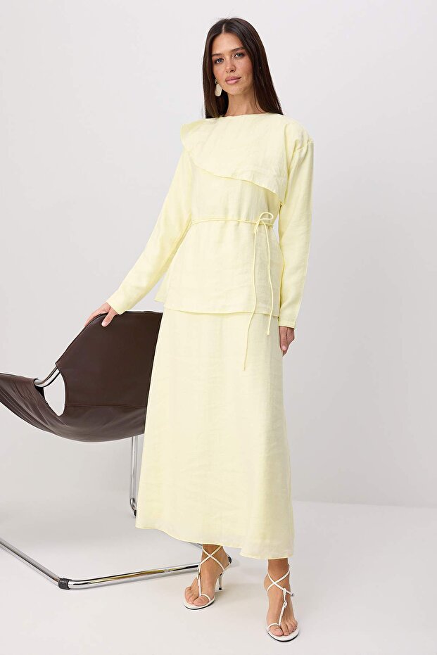 Pastel Sarı More Sustainable Modal Kumaş Takım Görünümlü Dokuma Tesettür Elbise TCTSS26EB00031 - 2