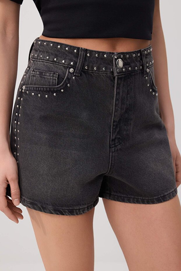 Siyah Trok Detaylı Yüksek Bel City Boy 100% Pamuk Denim Şort TWOSS26SR00263 - 3