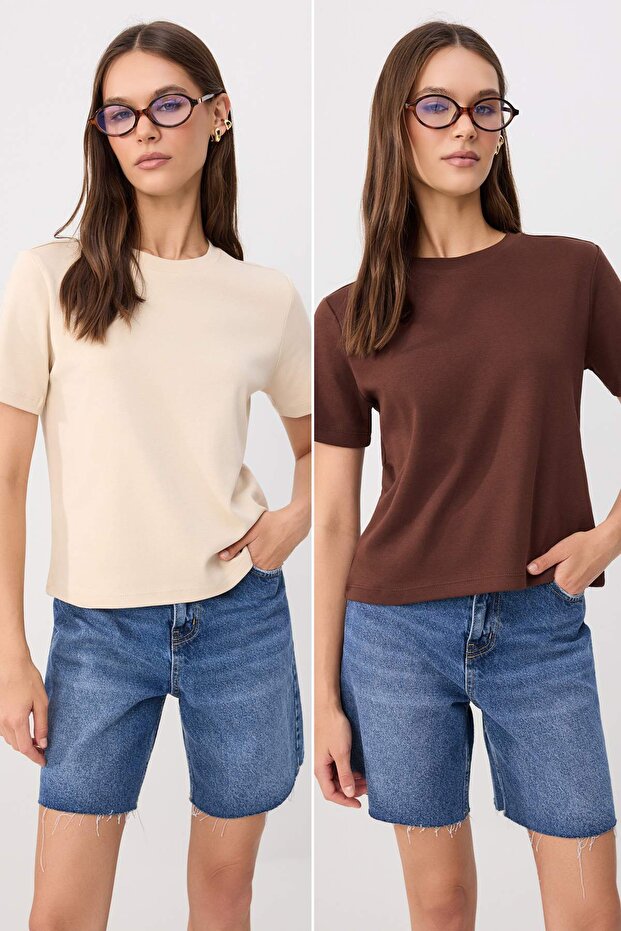 Taş-Kahverengi Kalın Pamuklu Tok Kumaşlı Regular Kesim Örme T-Shirt Örme T-Shirt TWOSS26TS00302 - 1