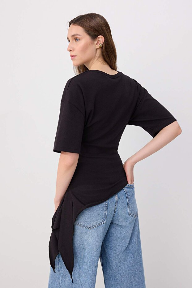 Siyah Fitted/Vücuda Oturan Kısa Kollu Büzgülü Uzun Pamuklu Esnek Örme T-shirt TWOSS26TS00307 - 4