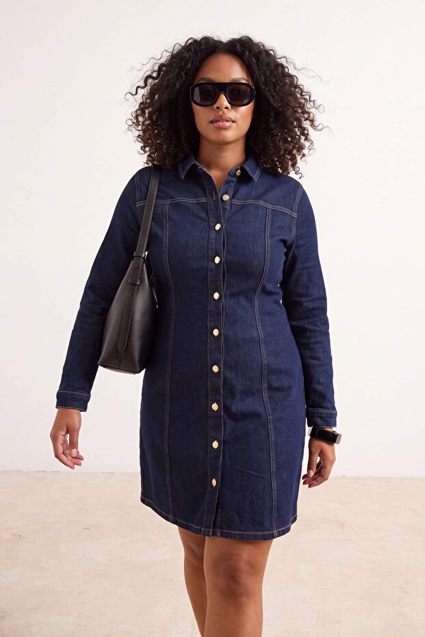 Mavi A-Line Esnek Denim Büyük Beden Elbise TBBAW26AH00056 - 1