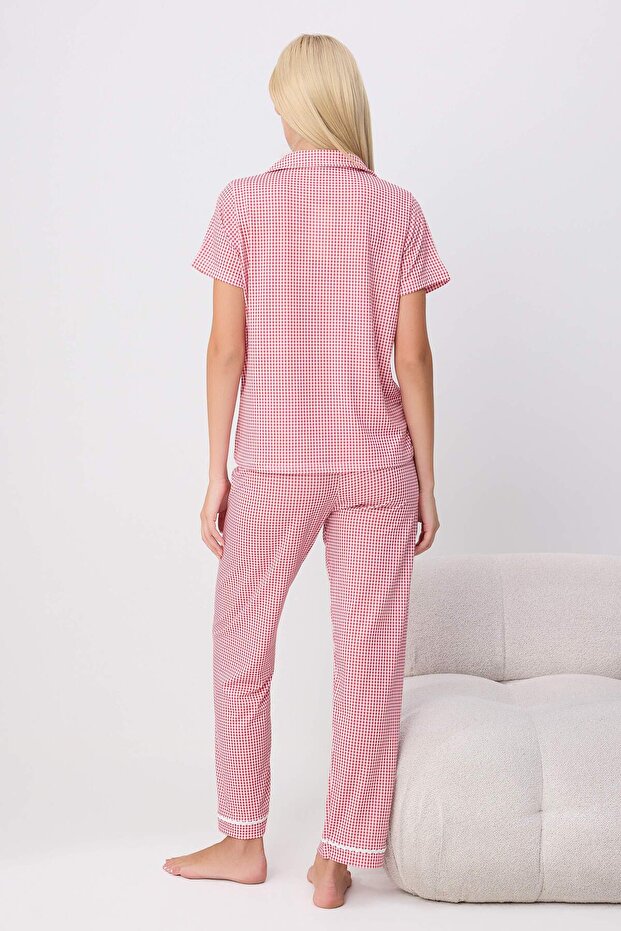 Kırmızı 3'lü Ekoseli Brodeli Şerit Detaylı Örme Pijama Takımı THMSS26PT00062 - 4
