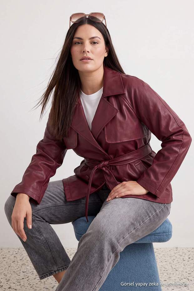 Bordo Regular Kuşaklı Suni Deri Kısa Büyük Beden Trençkot TWOAW27BM00002