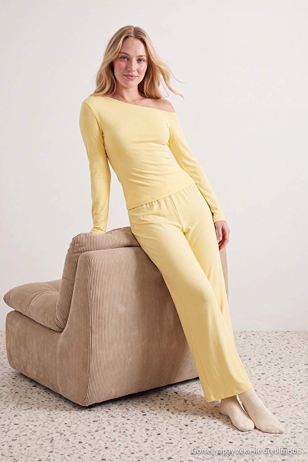 Yellow Single Shoulder Ribbed Viscose Knitted Pajama Set Thmaw27Pt00063