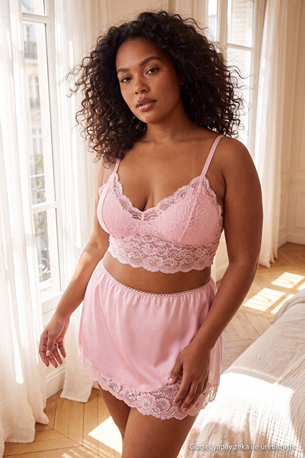 Pink Micro Lace Detailed Plus Size Underwear Set Tbbss26Dg00020