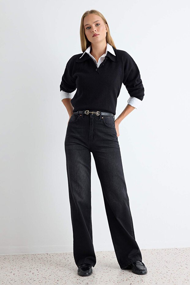 Siyah Yüksek Bel Wide Leg Geniş Paça %100 Pamuk Non-Stretch Jeans TWOSS25JE00060 - 1