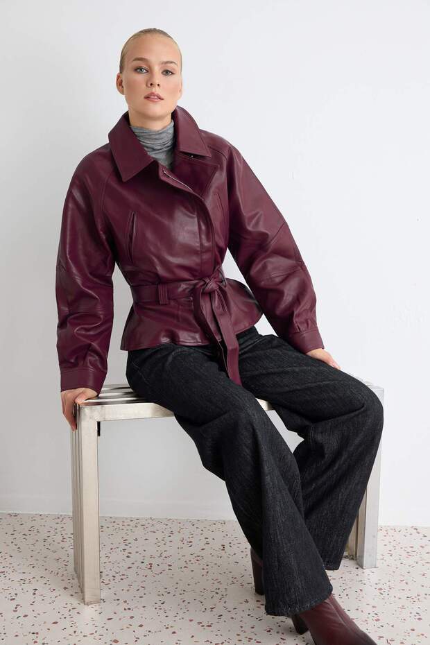 Bordo Regular Kalıp Kuşaklı Suni Deri Mont TWOSS26MO00001