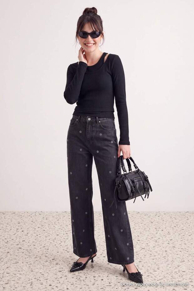 Siyah Taşlı Puantiye Desenli Yüksek Bel Wide Leg Jeans TWOAW27JE00129